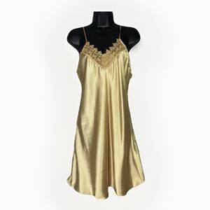 NWT Gold Yellow Satin Medium Chemise Slip Lace Nightie Romantic Sexy Pearl